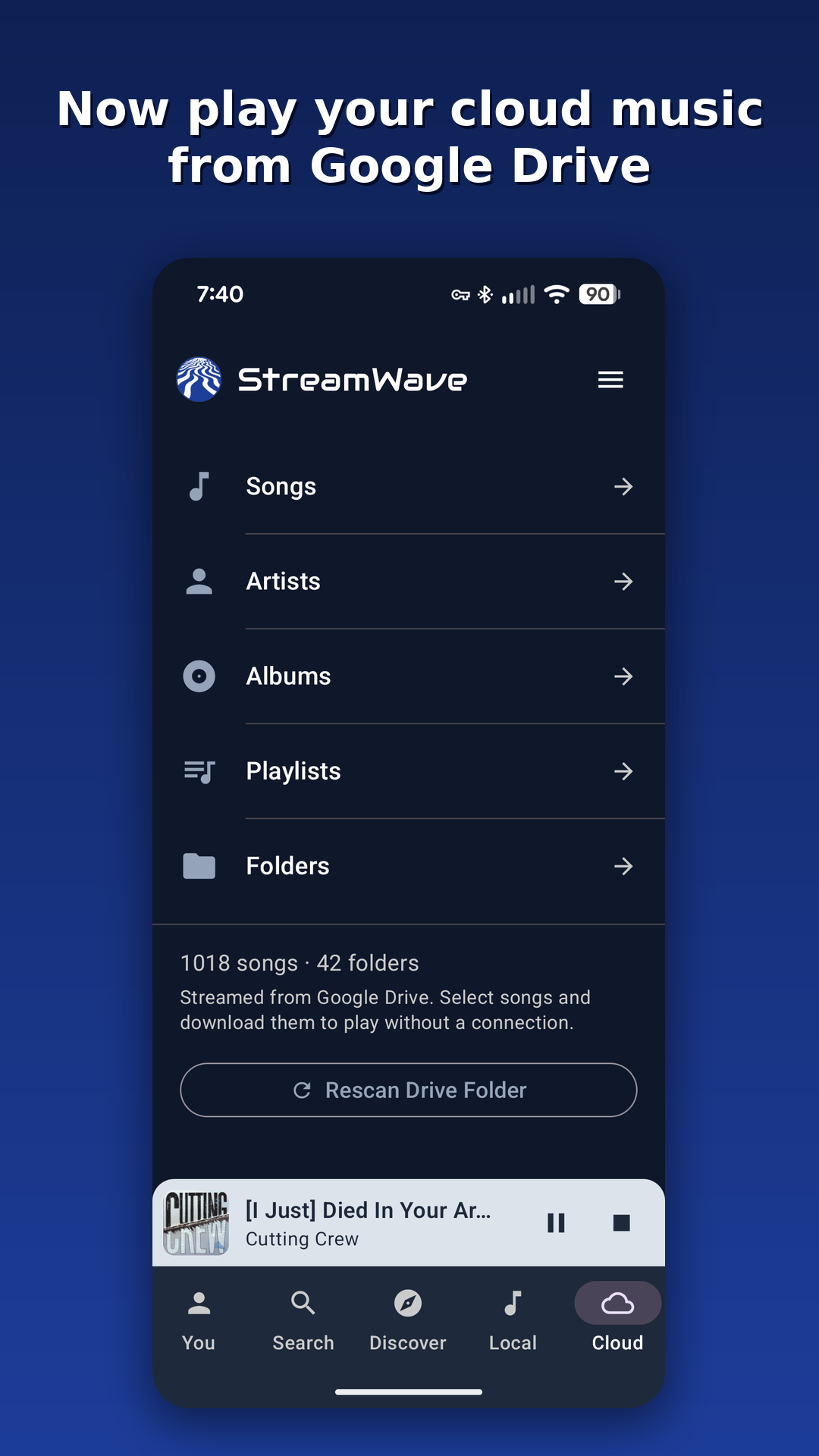 Cloud music browsed from a Google Drive folder