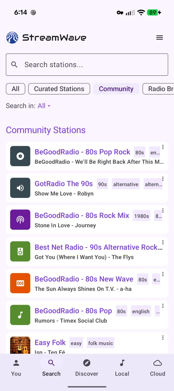 StreamWave station list screen, example 3 of 6